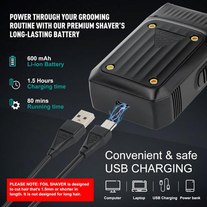VGR V-363 Electric Foil Shaver – Rroje Profesionale me Dy Fleta, 8000 RPM & Bateri 80 Min, USB-C, E Përshtatshme për Lëkurë të Ndjeshme