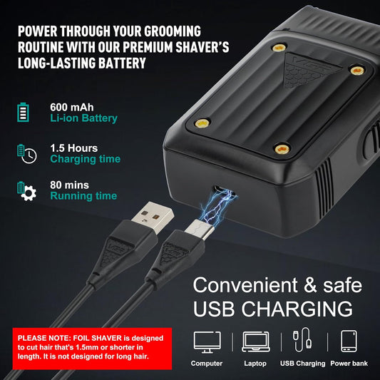 VGR V-363 Electric Foil Shaver – Rroje Profesionale me Dy Fleta, 8000 RPM & Bateri 80 Min, USB-C, E Përshtatshme për Lëkurë të Ndjeshme