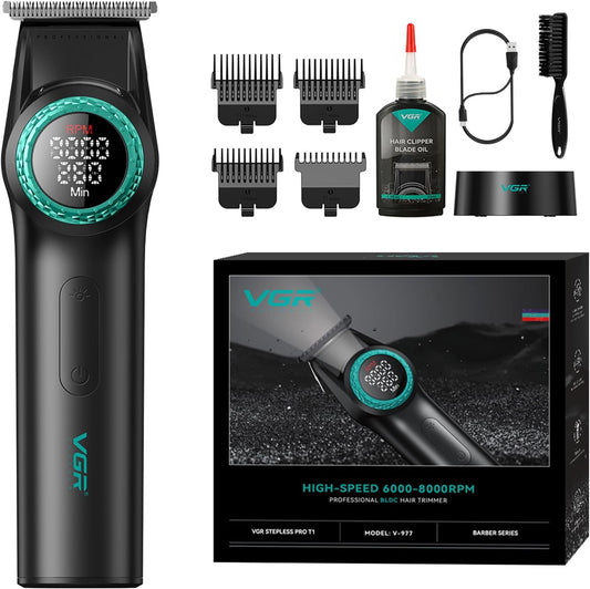VGR V-977 – Makinë Profesionale për Qethje me Teh T-Formë, Motor 8000 RPM, 21 Shpejtësi, Ekran LED dhe Bateri 2500mAh