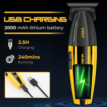 VGR V-285T Professional Hair Trimmer – Zero Gap T-Blade, 9000RPM Motor, LED Display & USB Rechargeable