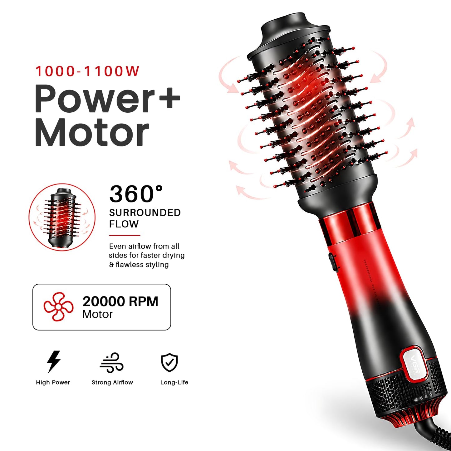 VGR V-484 4-në-1 Hot Air Brush Profesionale 1000–1100W | Furçë për Flokë për Tharje të Shpejtë, Volum dhe Stilim me 4 Aksesorë
