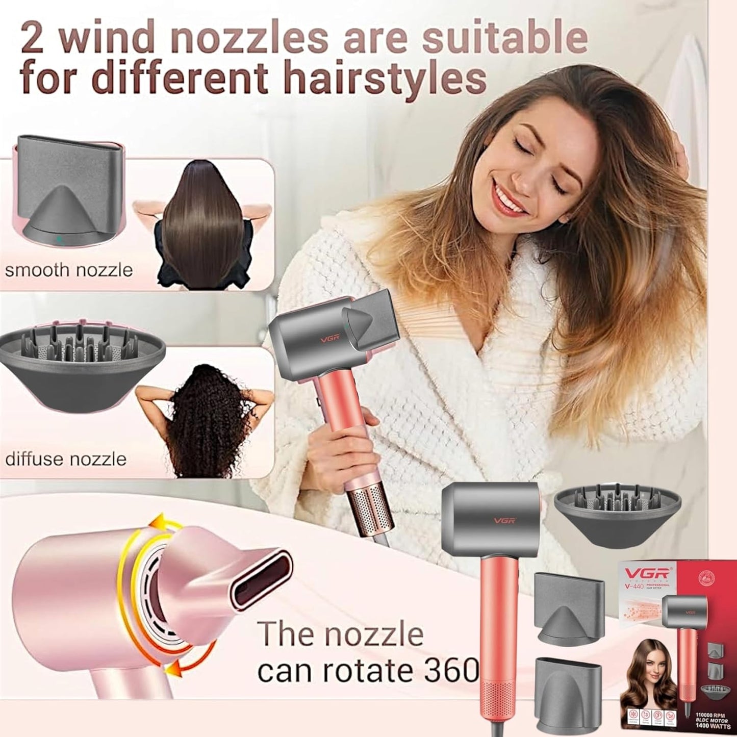 VGR V-440 - Tharëse Profesionale Flokësh me Motor BLDC 110,000 RPM – 1400W, Teknologji Ioni dhe Mbrojtje nga Mbinxehja