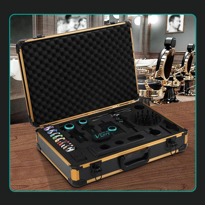 VGR Set Profesional 4-në-1 për Berberë me Çantë Udhëtimi – 9000RPM Makineri Qethëse, Trimmer, Rroje Foil & Tharëse Flokësh