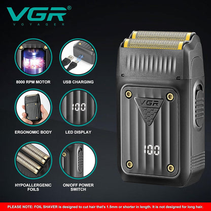 VGR V-363 Electric Foil Shaver – Rroje Profesionale me Dy Fleta, 8000 RPM & Bateri 80 Min, USB-C, E Përshtatshme për Lëkurë të Ndjeshme