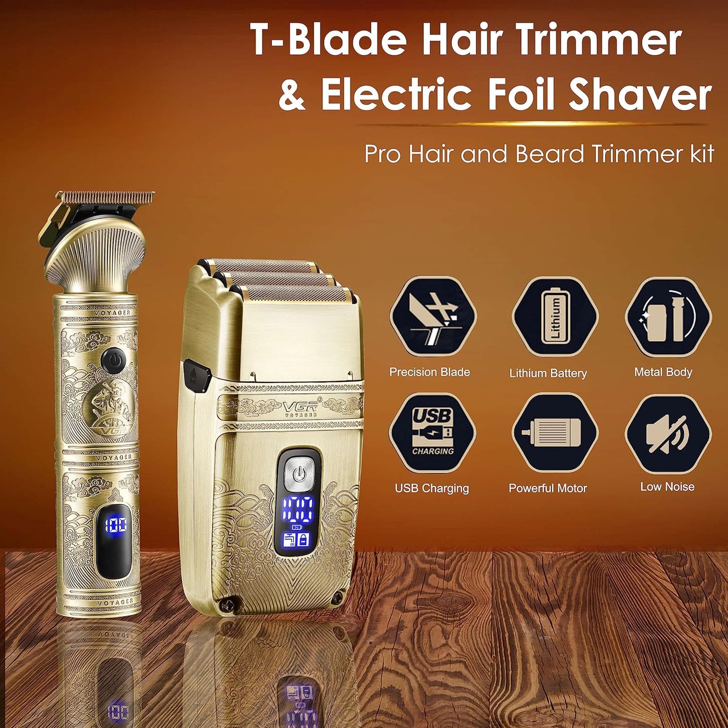 VGR V-649 Set Profesional për Meshkuj – Trimmer Flokësh, Rroje Elektrike, Foil Shaver & T-Liner | Triple Blades, Pa Kabllo, Ngarkim i Shpejtë