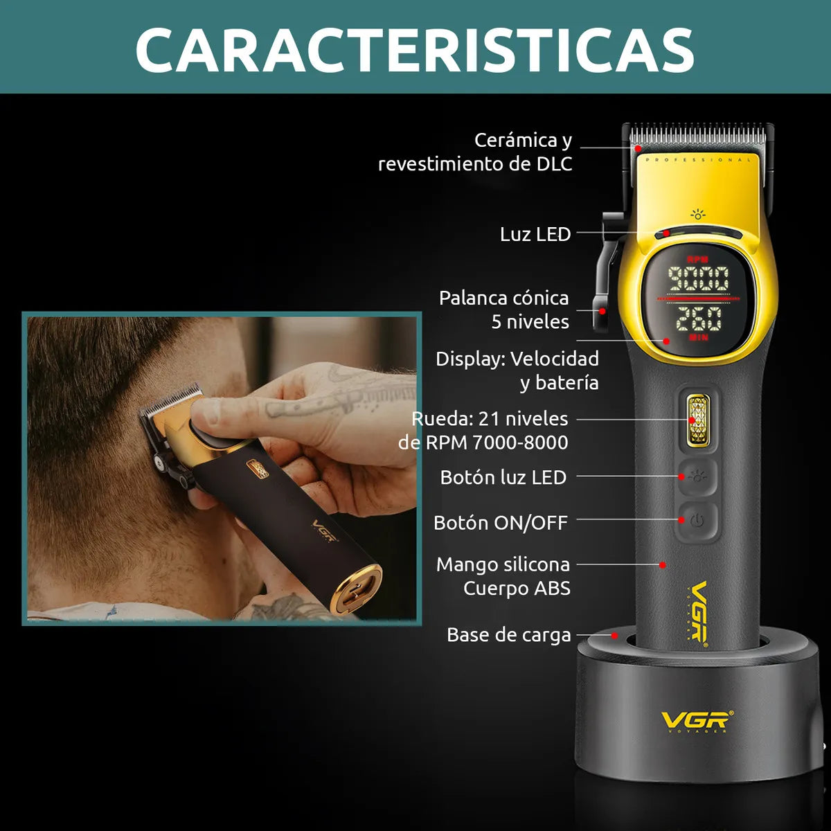 VGR V-885C Gold – Makina Profesionale për Prerje Flokësh, 9000RPM, Bateri 4600mAh