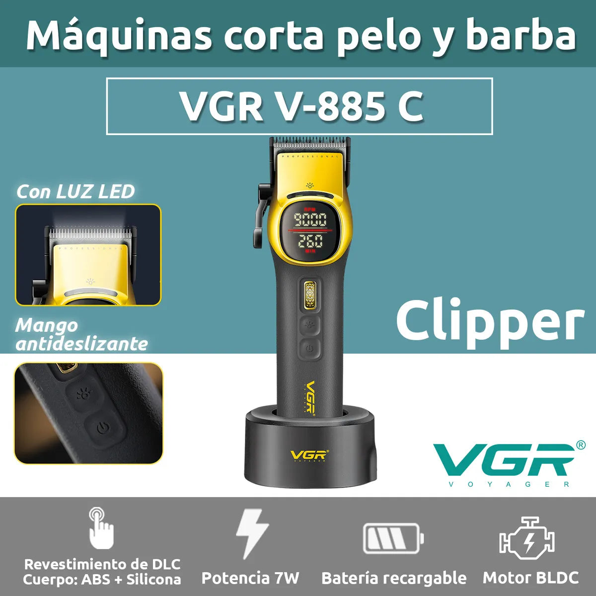 VGR V-885C Gold – Makina Profesionale për Prerje Flokësh, 9000RPM, Bateri 4600mAh