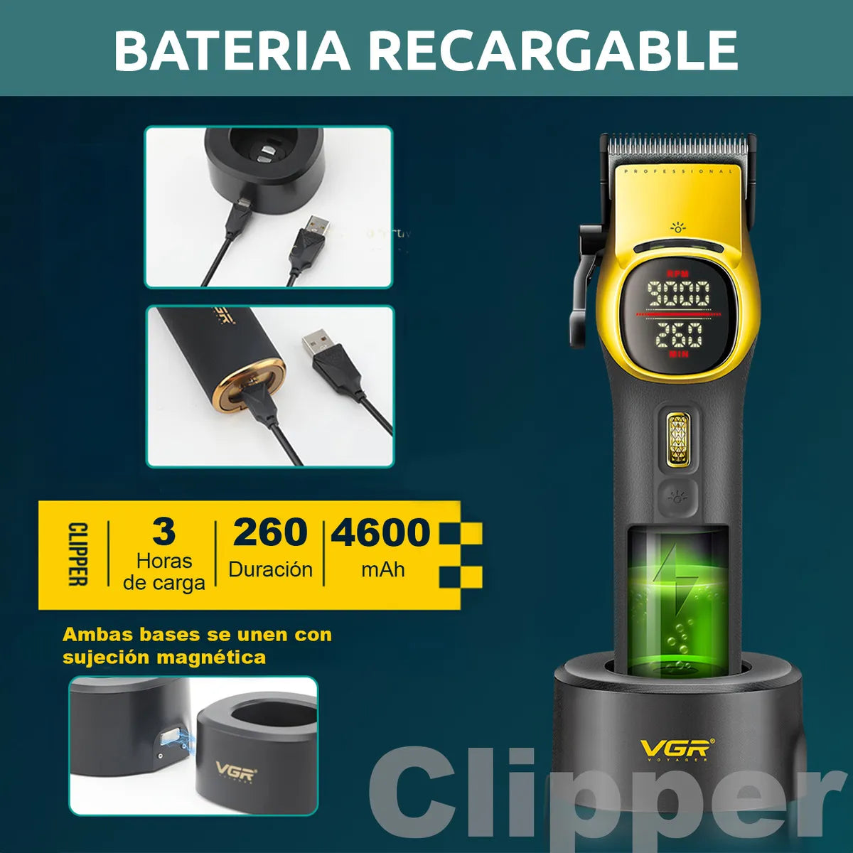 VGR V-885C Gold – Makina Profesionale për Prerje Flokësh, 9000RPM, Bateri 4600mAh