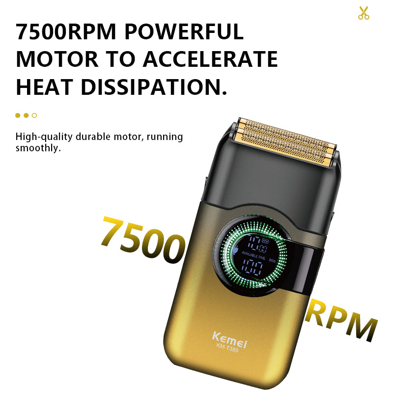 KEMEI KM-T389 Shaver Profesional për Meshkuj – IPX5 Waterproof, Motor 7500RPM, Dual Rotary Blades