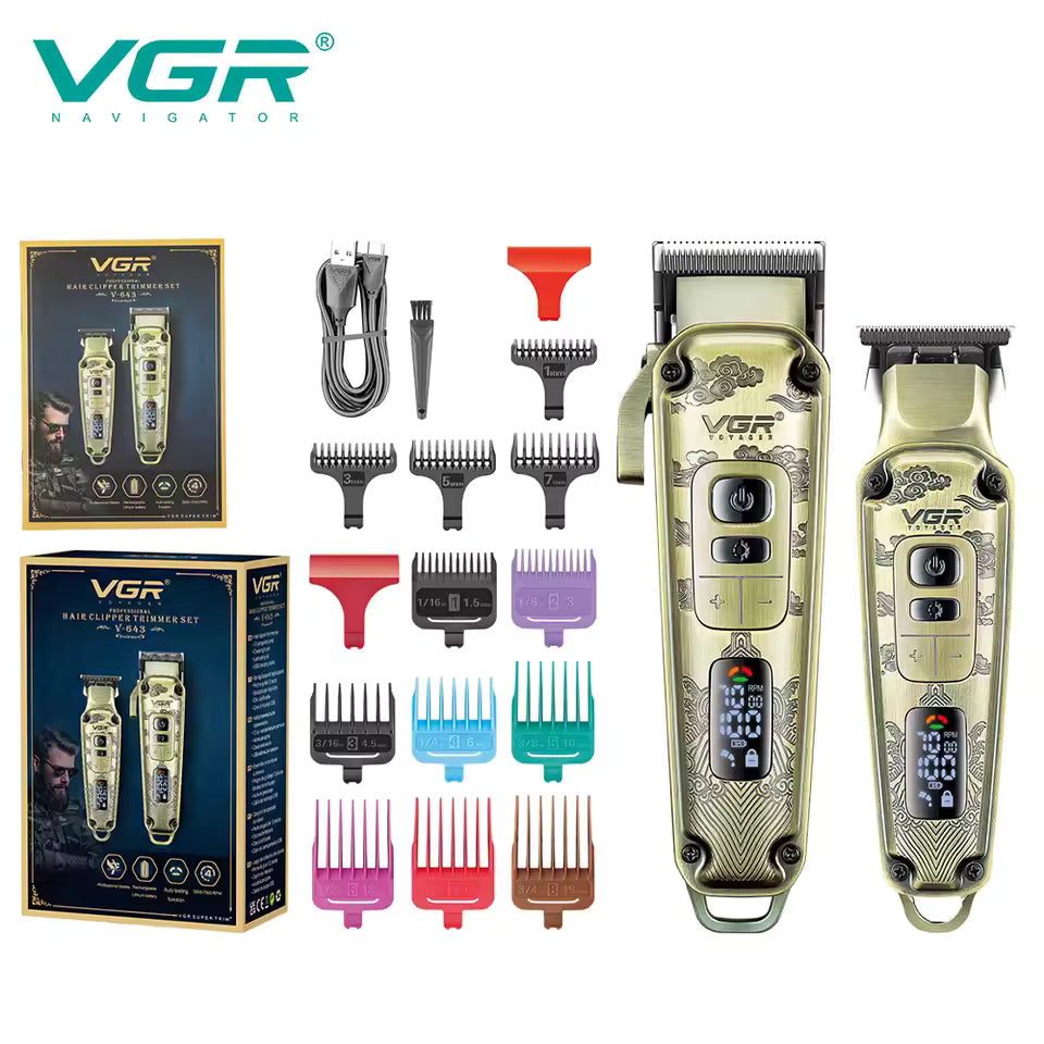 VGR V-643 Ultra Premium Qethëse & Trimmer Profesional – Metal Housing, Powder Metallurgic Blade, Ekran Digital, Motor 4-Shpejtësi 5500–7000 RPM
