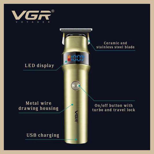 VGR V-991 Professional Hair Trimmer – Ceramic & Stainless Steel Blades, 400 Min Runtime, Turbo 7000 RPM, LED Display (Gold)