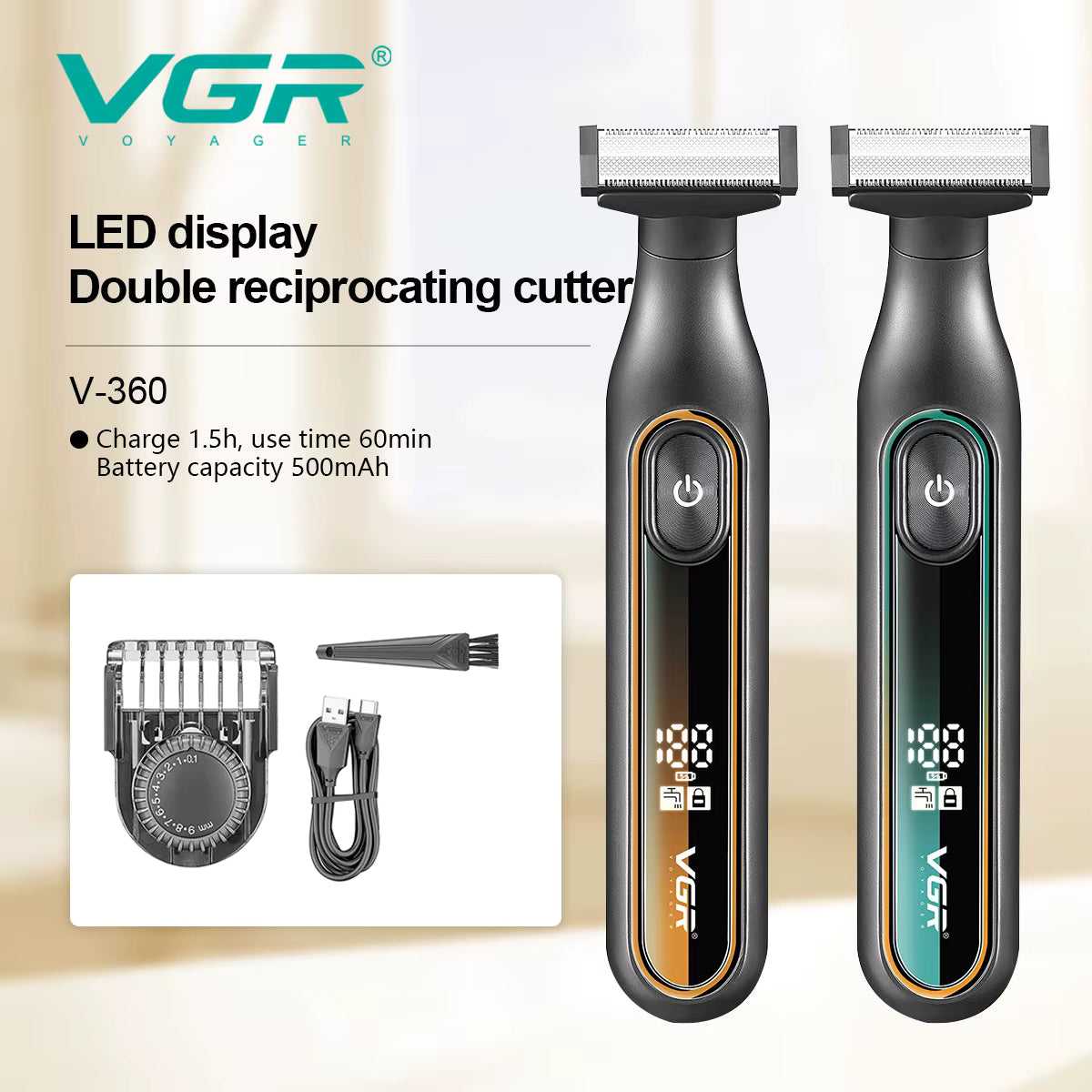VGR V-360 OneBlade Trimmer & Shaver për Mjekër dhe Trup – IPX5 Waterproof, 0.5–9mm, Digital Display