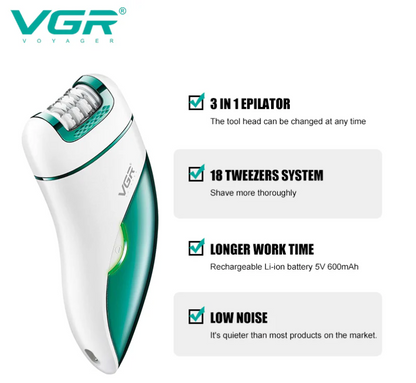 VGR V-731 3 në 1 Epilator Profesional për Femra | Trimmer, Rroje & Pastrim Fytyre – Pa Kabllo
