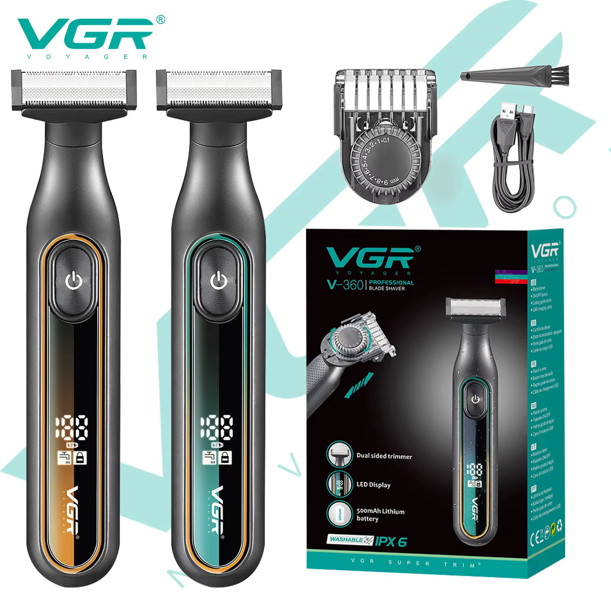 VGR V-360 OneBlade Trimmer & Shaver për Mjekër dhe Trup – IPX5 Waterproof, 0.5–9mm, Digital Display