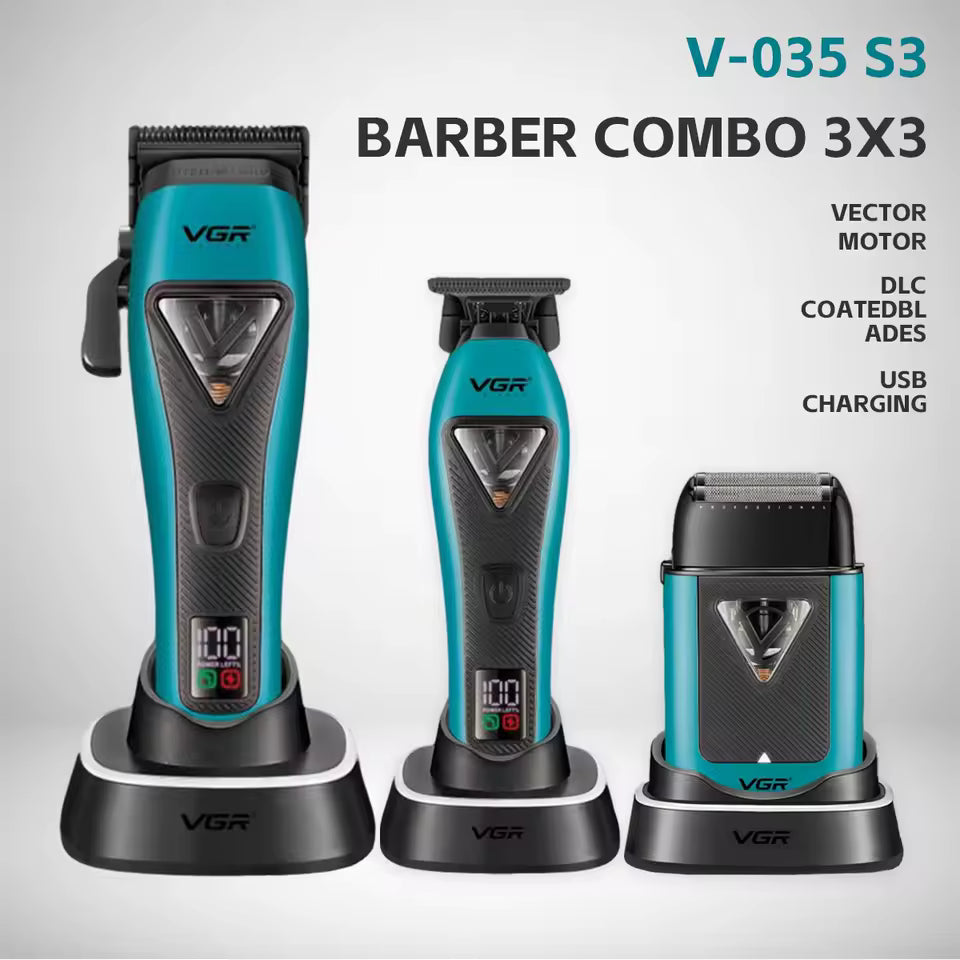 VGR V-035 S3 Professional Hair Trimmer Super Set – 11,000RPM Vector Motor, Wireless Charging Dock, DLC Blades