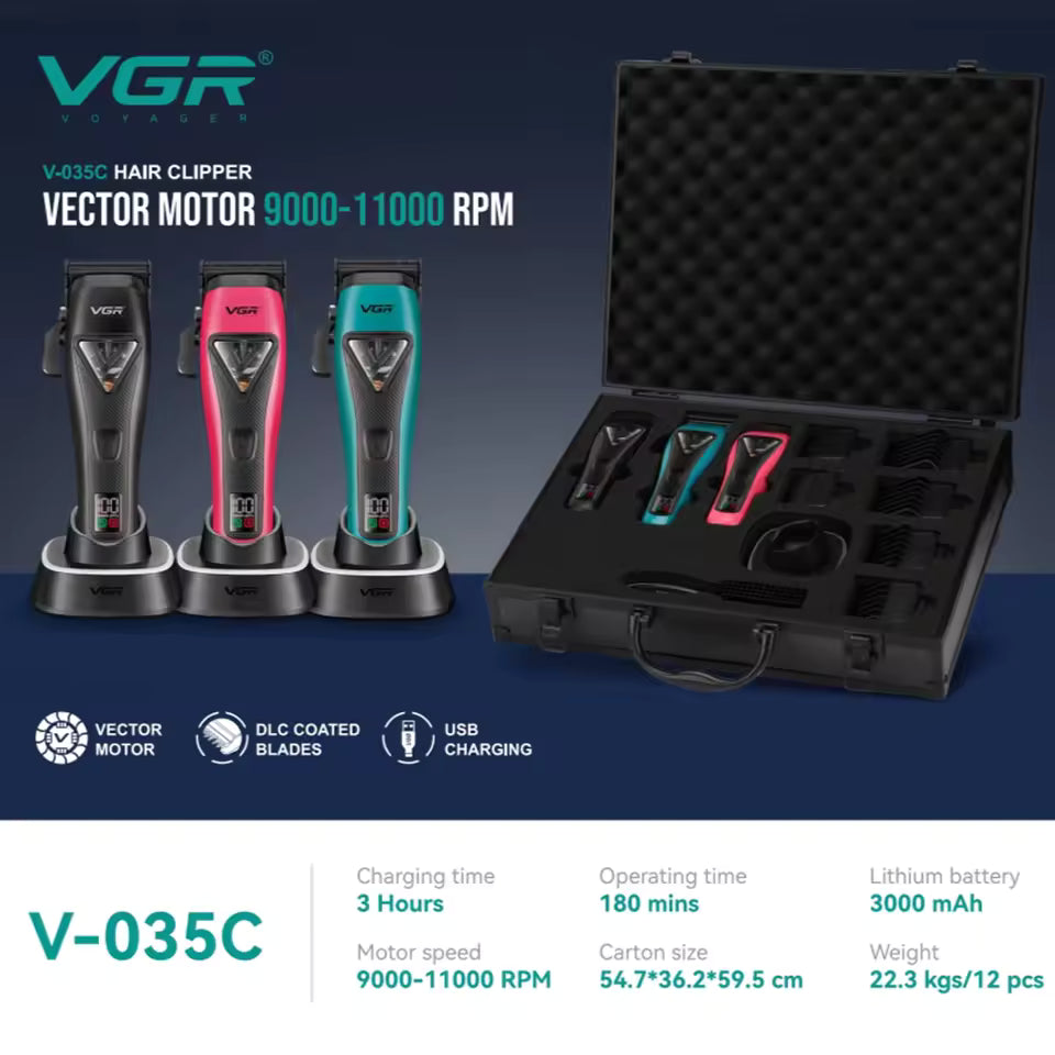 VGR V-035 S3 Professional Hair Trimmer Super Set – 11,000RPM Vector Motor, Wireless Charging Dock, DLC Blades