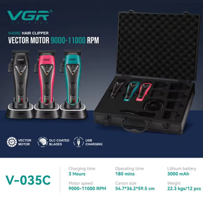 VGR V-035 S3 Professional Hair Trimmer Super Set – 11,000RPM Vector Motor, Wireless Charging Dock, DLC Blades