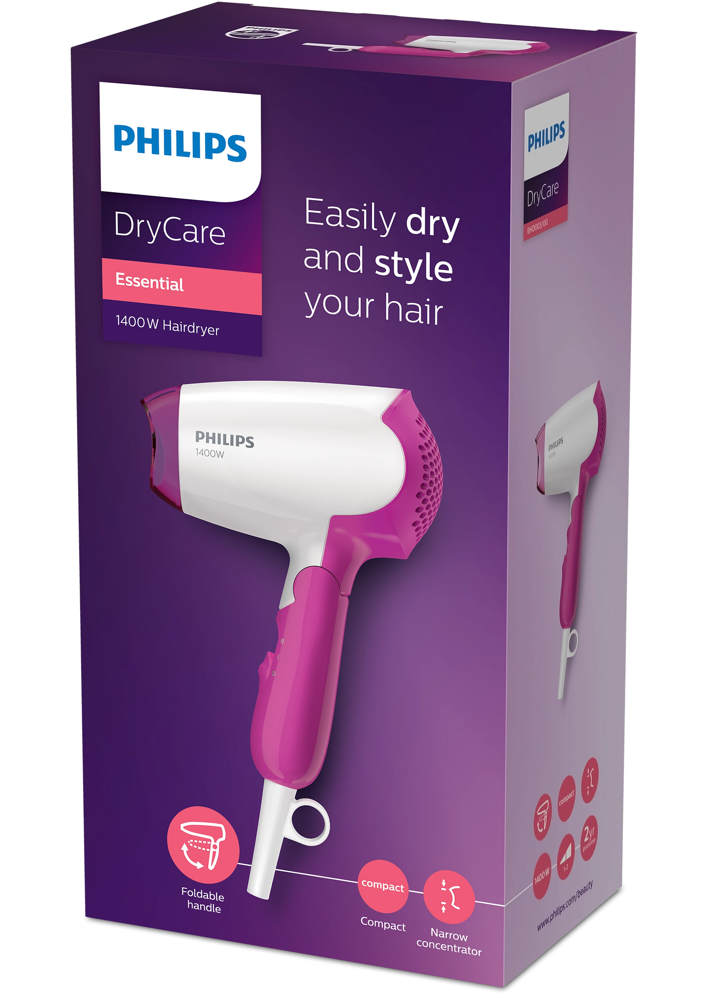 Philips DryCare Hairdryer BHD003/00 1400W Pink & White – Tharëse Flokësh Kompakte për Tharje dhe Stilim të Lehtë (220-240V)