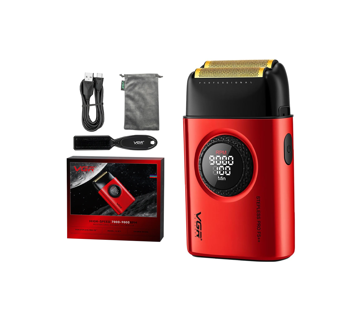 VGR V-377 Rrojëse Elektrike Profesionale për Meshkuj me 3 Thika Titaniumi, Motor 9000 RPM dhe Ekran LED