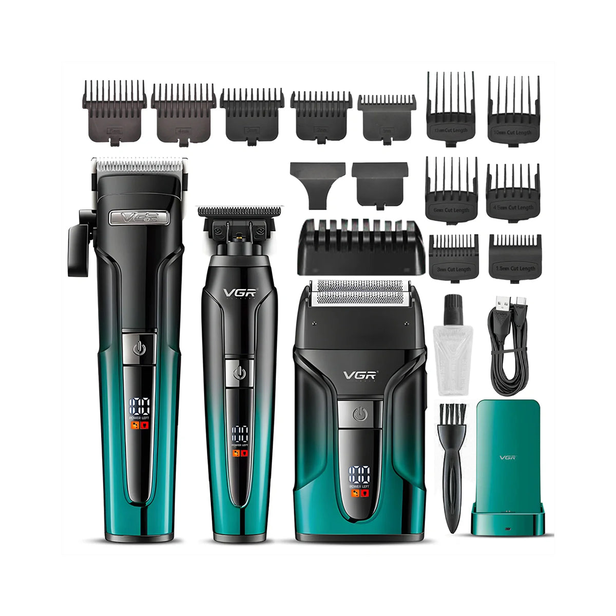 VGR V-694 Set Profesional 3-në-1 – Makineri Rroje, Trimmer & Shaver me Teh Keramike dhe Çelik Karboni, Autonomi e Gjatë, Ekran LED, Karikim USB