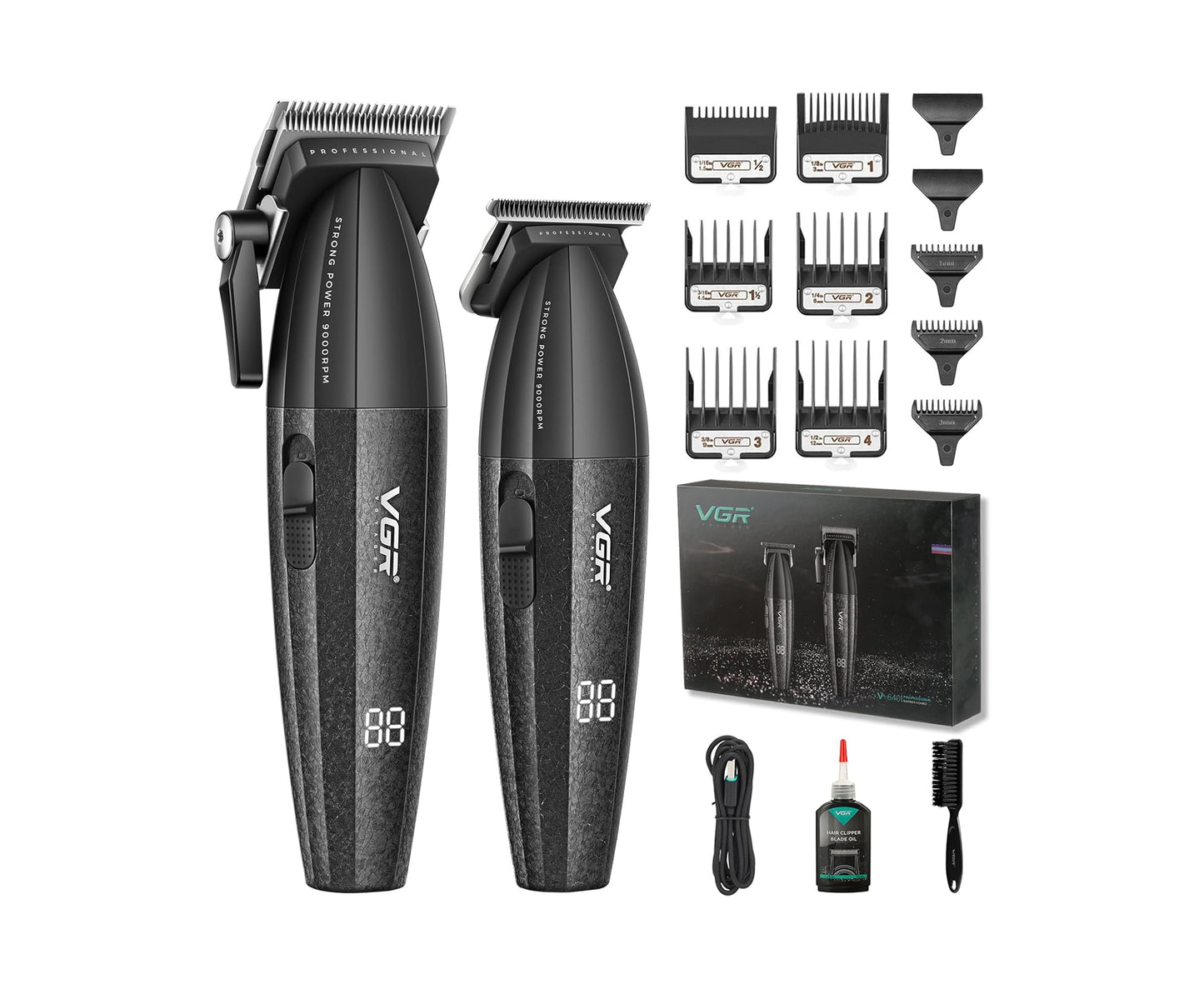 VGR V-640 – Set Profesional Klipër & Trimmer, Motor 9000 RPM, Tehë Qeramike DLC, Bateri 2500mAh & 2000mAh, Zero Gap T-Blade