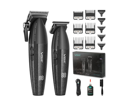 VGR V-640 – Set Profesional Klipër & Trimmer, Motor 9000 RPM, Tehë Qeramike DLC, Bateri 2500mAh & 2000mAh, Zero Gap T-Blade