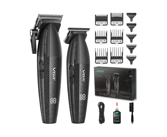 VGR V-640 – Set Profesional Klipër & Trimmer, Motor 9000 RPM, Tehë Qeramike DLC, Bateri 2500mAh & 2000mAh, Zero Gap T-Blade