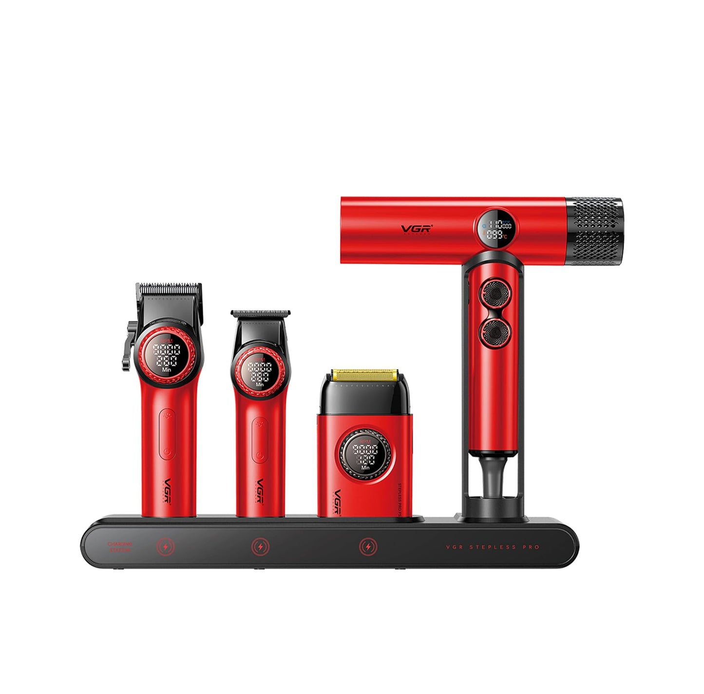 VGR Set Profesional 4-në-1 për Berberë me Çantë Udhëtimi – 9000RPM Makineri Qethëse, Trimmer, Rroje Foil & Tharëse Flokësh