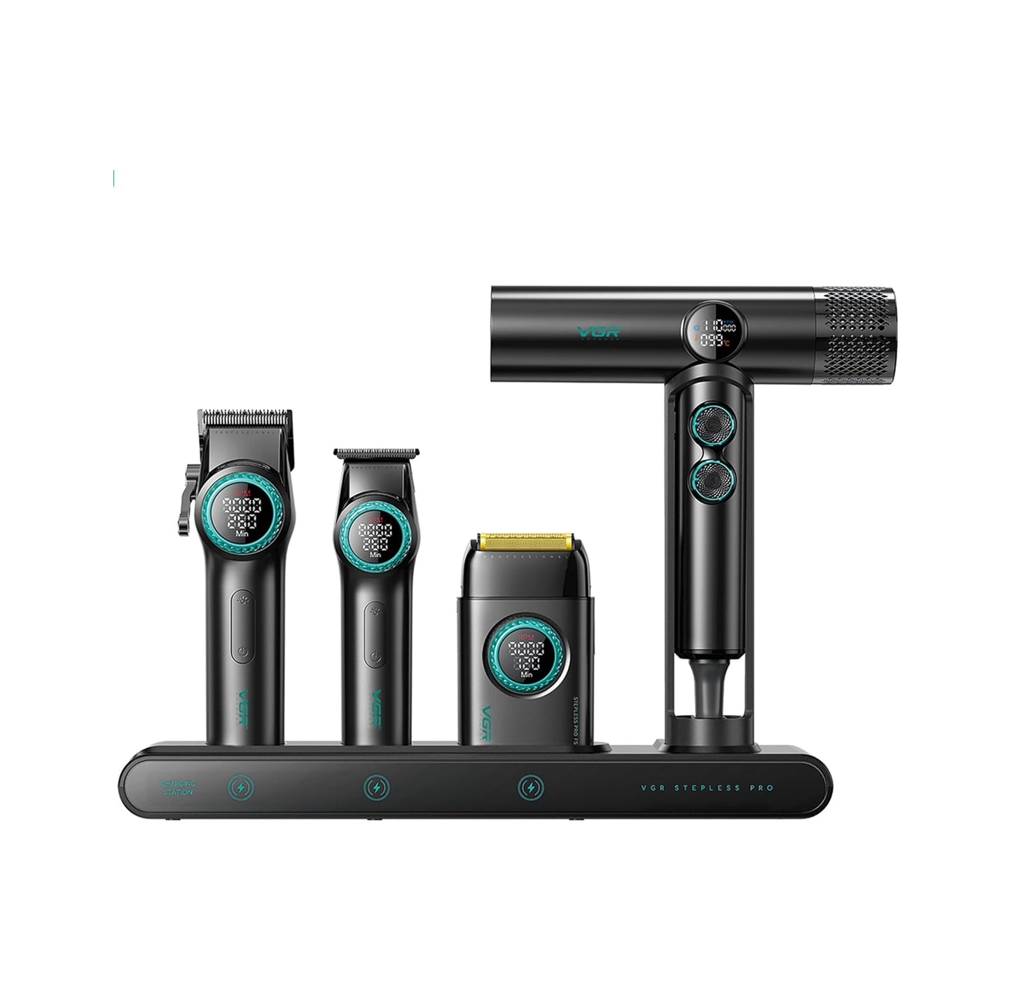 VGR Set Profesional 4-në-1 për Berberë me Çantë Udhëtimi – 9000RPM Makineri Qethëse, Trimmer, Rroje Foil & Tharëse Flokësh