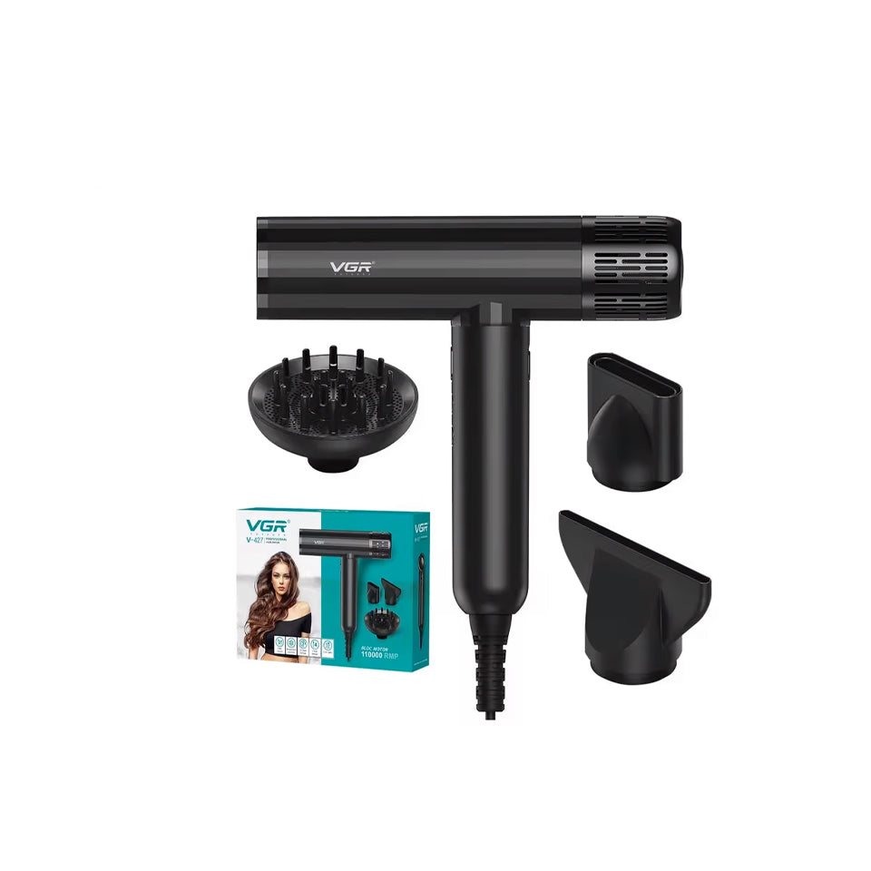 VGR V-427 Tharëse Profesionale Flokësh – 110,000 RPM High-Speed BLDC Motor, 1900W, 3 Shpejtësi & 4 Temperatura, Cool Shot, Aksesore Magnetikë