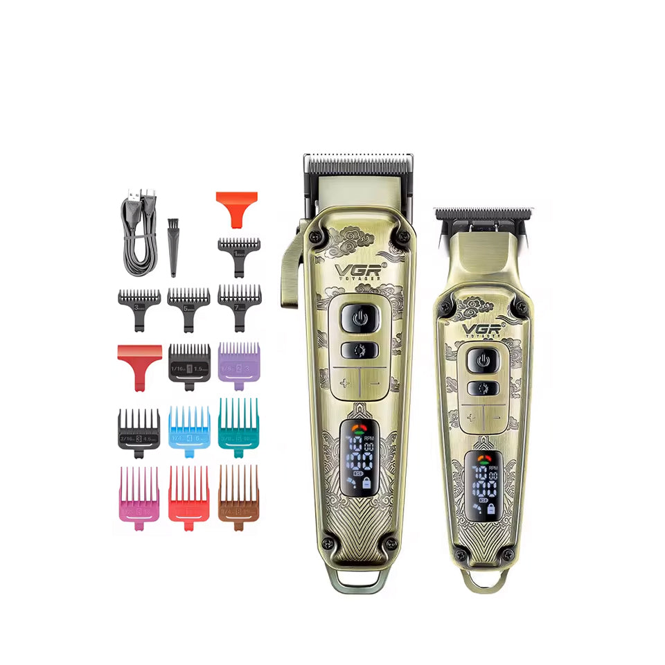 VGR V-643 Ultra Premium Qethëse & Trimmer Profesional – Metal Housing, Powder Metallurgic Blade, Ekran Digital, Motor 4-Shpejtësi 5500–7000 RPM