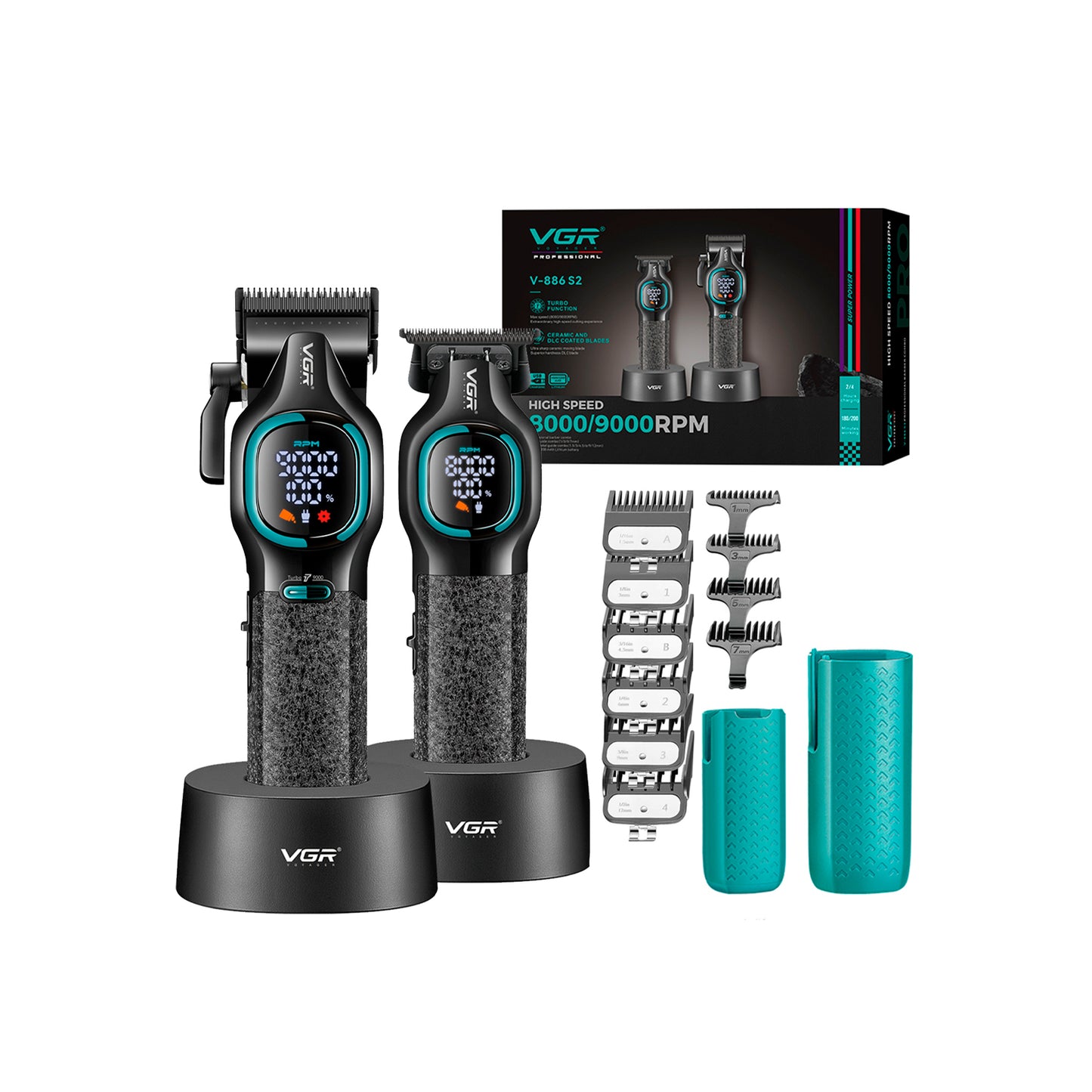 VGR V-886 S2 – Set Profesional Clipper + Trimmer 9000RPM Turbo me Tehe Ceramike & DLC, Bateri Afatgjatë