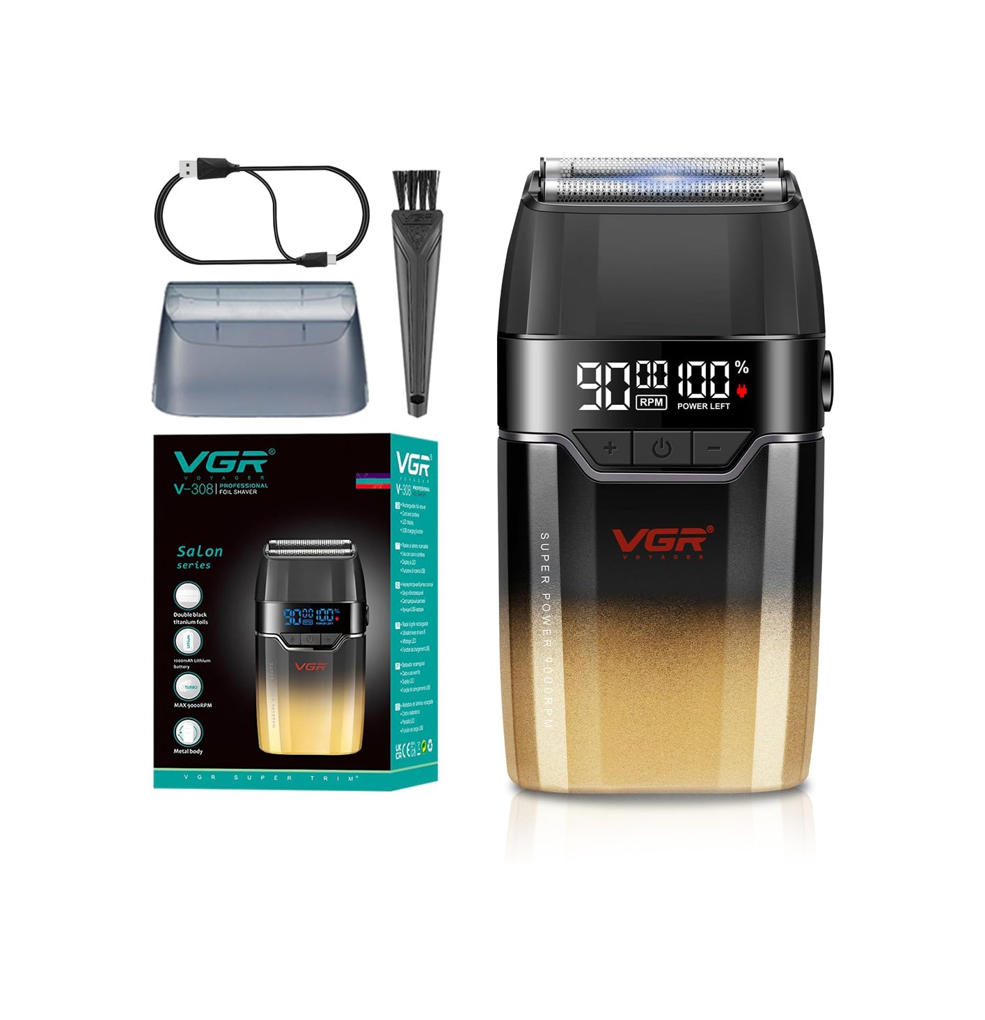 VGR V-308 Professional Double Foil Shaver – Makine Rroje Elektrike 9000 RPM, Titanium Foils, Cordless & USB Rechargeable