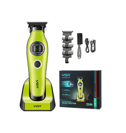 VGR 880T Trimmer Profesional për Meshkuj | Motor BLDC 7200 RPM, T-Blade Zero-Gap Ceramic & MIM, Bateri 2500mAh, Charging Base